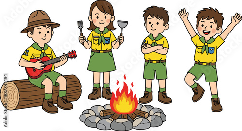 Happy scout children camping around campfire, playing music, outdoor adventure, summer camp, teamwork, friendship, youth activity, cartoon illustration, nature fun
