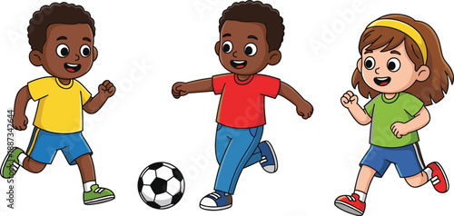 kids playing soccer cartoon, happy children running together, teamwork sports activity, childhood fun illustration, healthy outdoor play