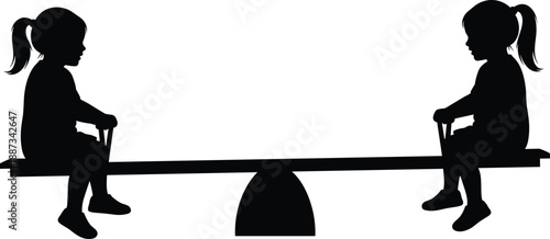 Kids playing seesaw silhouette illustration, two children balance on playground equipment, childhood fun concept, black isolated vector design
