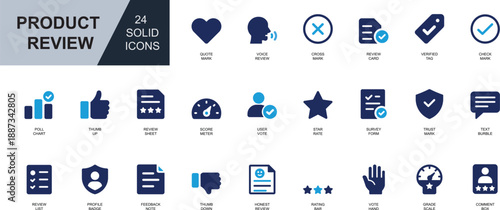 Product review solid icon set with rating, feedback, comment, vote, trust, badge, survey, and star symbols. Perfect for apps, e-commerce, business, and branding.