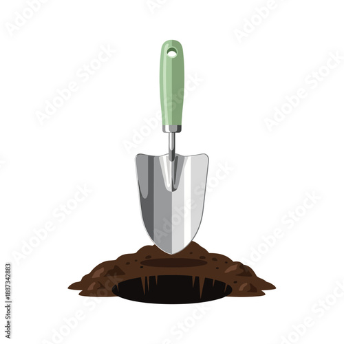 Gardening Hand Trowel Shovel Stuck in Dug Earth Hole and Soil Pile. Planting and Digging Tool Vector Illustration isolated on White.