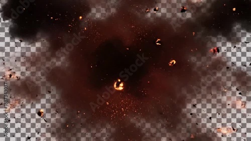 Intense fiery explosion with debris and smoke on transparent background