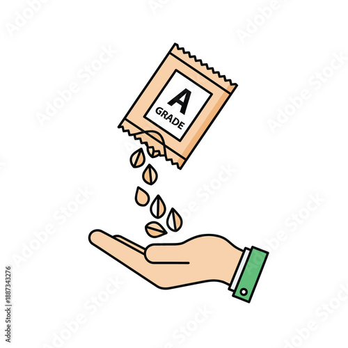 Hand Receiving A Grade Seeds from Packet. Premium Quality Agricultural Investment Icon.