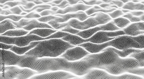 Futuristic black and white data visualization background. Abstract 3D flowing organic wave surface created by dense halftone dots. Minimalist monochrome design with cinematic lighting and sharp detail