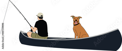 Man fishing from canoe with dog illustration, peaceful outdoor adventure scene, pet companionship, lake leisure activity, minimalist nature lifestyle concept