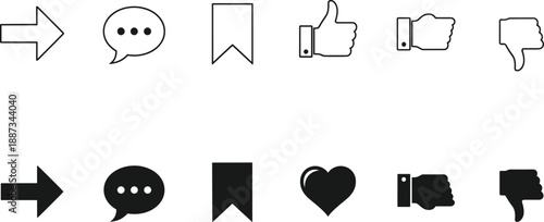Minimal social media interface icon set with arrows, chat bubbles, bookmarks, like, dislike symbols, outline and solid style vector