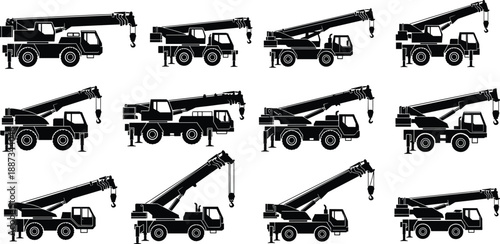 Mobile crane silhouettes illustration, telescopic boom, lifting hook, truck mounted machinery, heavy equipment, construction site, industrial tools, vector design