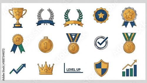 Award and Achievement Icon Set , Trophy, Medal, Badge, Crown, Success Symbols Vector