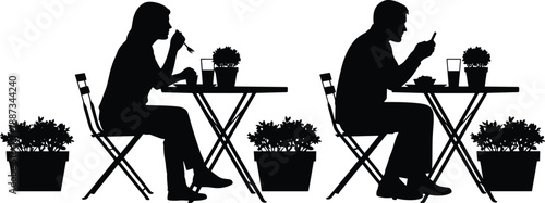 people eating at cafe silhouettes, man and woman dining, restaurant outdoor seating, meal time concept, black silhouette illustration