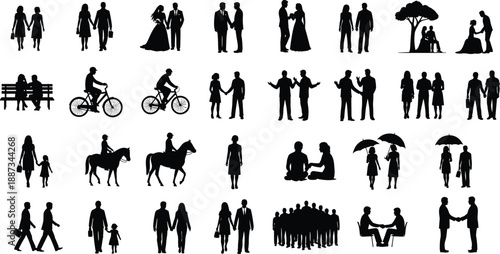 People silhouettes set, couples families activities, walking talking cycling business meeting love relationship lifestyle icons isolated vector illustration