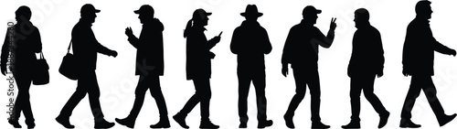 People walking silhouettes collection, men and women standing and moving poses, black human figures set, urban lifestyle crowd illustration design