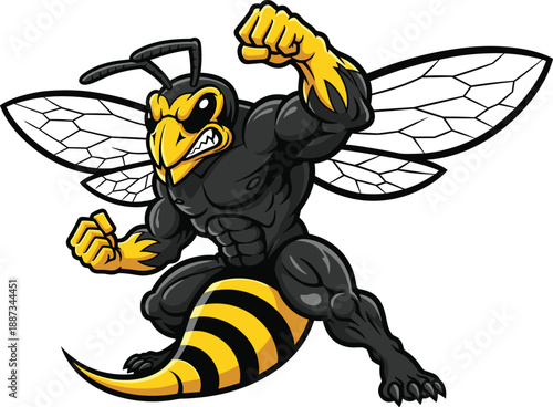 Powerful muscular hornet mascot illustration, aggressive superhero insect character design, esports logo style, isolated on white background, vector artwork graphic