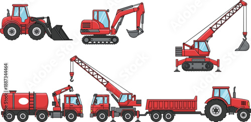Red construction vehicles illustration, front loader tractor, excavator, crawler crane, tanker truck, mobile crane, dump truck, heavy machinery, industry