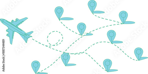  described features a light blue airplane and several light blue location pins, creating a visual narrative about travel and navigation