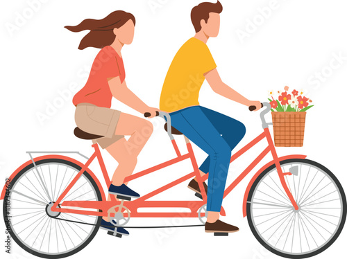 Romantic couple riding tandem bicycle illustration, man and woman cycling together, outdoor leisure activity, love relationship concept, healthy lifestyle design