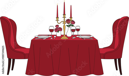 Romantic dinner table setup illustration, elegant candlelight dining with wine and roses, luxury restaurant date night, red themed cartoon vector