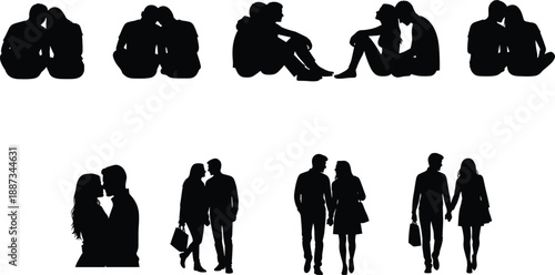 Romantic couples silhouette collection, loving pairs sitting walking and hugging together, relationship and romance concept, black vector illustration set