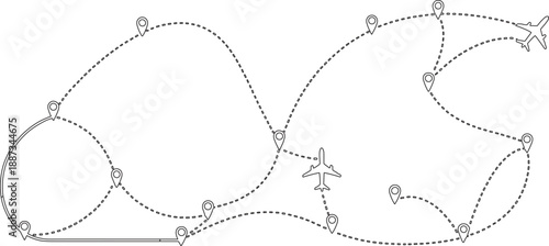 described features an airline route map with several key elements that convey the concept of air travel and connectivity. 