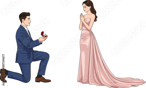 Romantic marriage proposal illustration, man kneeling with engagement ring, surprised woman in elegant dress, love commitment concept, wedding vector art