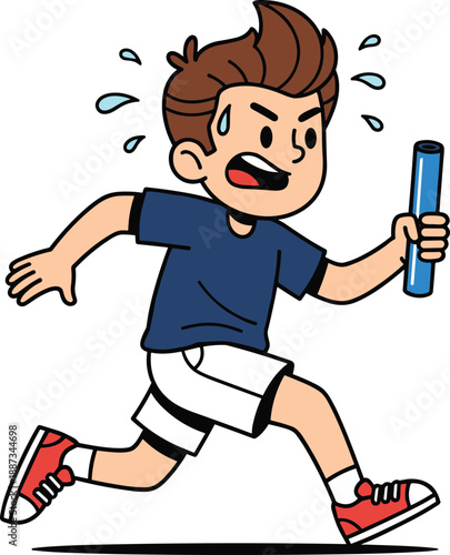 Running boy holding relay baton illustration, active child sprinting, sports competition concept, teamwork race, kids athletics, vector cartoon style