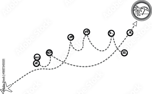 Described is a black and white image depicting a flight path. Located at the bottom left, the airplane represents the starting point of the journey. Its presence indicates that the image focuses on ai