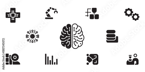 Artificial intelligence icons set with brain and neural network symbols for tech concepts