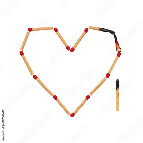Heart shape made of matchsticks with one burned match. Symbol of fragile love, passion, risk, and emotional tension.