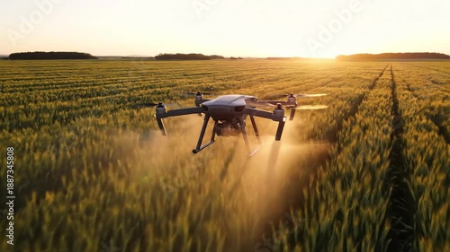 An ai-powered drone precisely sprays futuristic crops during the warm golden hour over a vast green field.