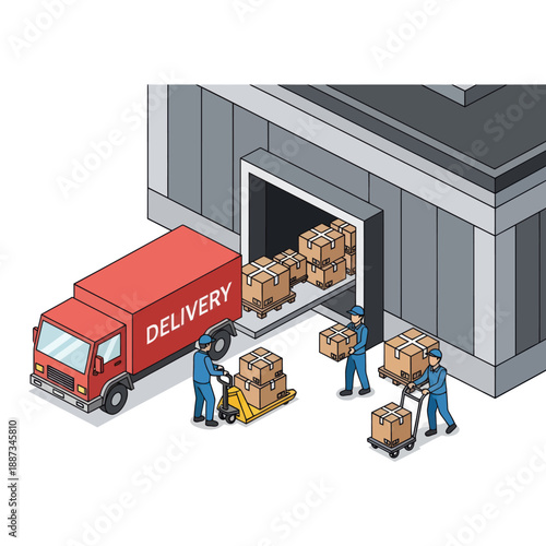 Delivery Truck Unloading Packages at Warehouse.