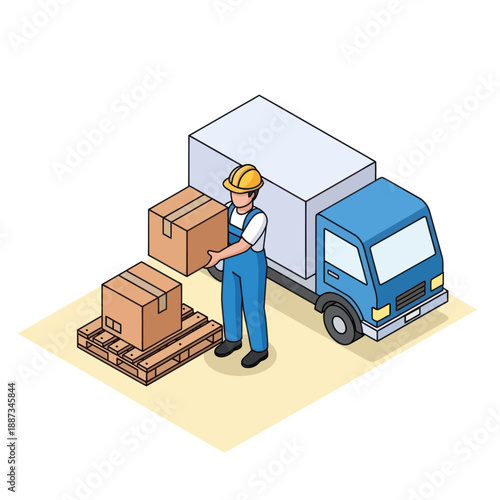 Delivery Man Unloading Packages from Truck.