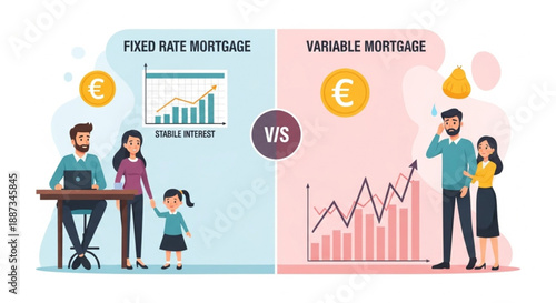 EU Home Financing Options Illustration, Fixed Interest Mortgage Stability vs Variable Rate Fluctuation in European Housing Market Vector