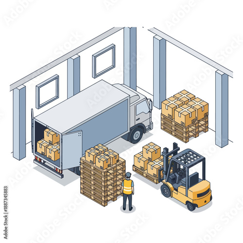 Warehouse Worker Loading Truck with Forklift.