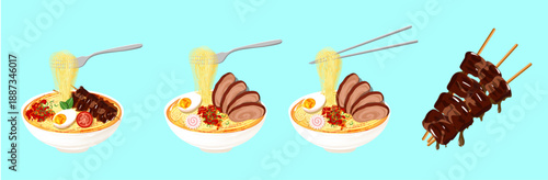 Japanese Ramen Noodle Bowls with Grilled Meat Skewers Flat Vector Illustration