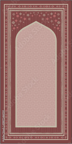 Elegant mihrab arch background with geometric mosaic pattern and Red color palette for mosque interior ramadan eid and spiritual decorative design