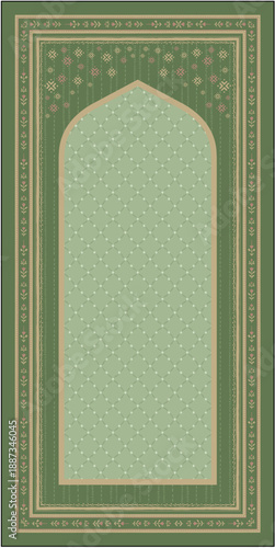 Elegant mihrab arch background with geometric mosaic pattern and soft green palette for mosque interior ramadan eid and spiritual decorative design