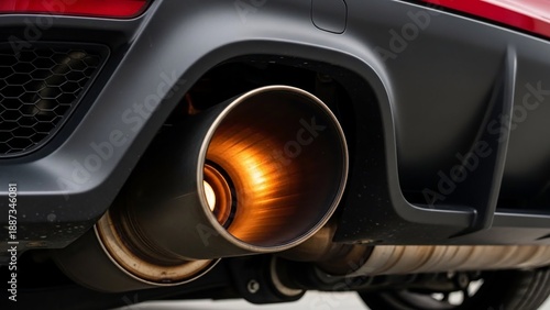 Close-up of a sports car exhaust pipe with glowing interior.