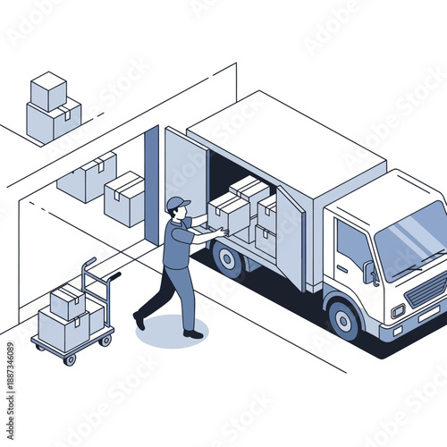 Warehouse Worker Loading Delivery Truck with Boxes.