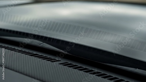 Close-up of a car's hood with carbon fiber texture and vents.