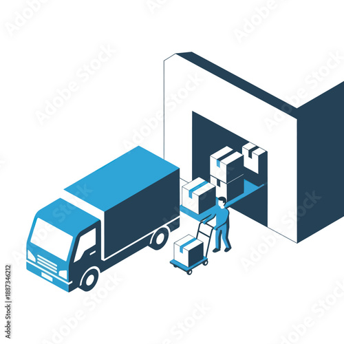 Warehouse Worker Unloading Truck with Hand Truck.