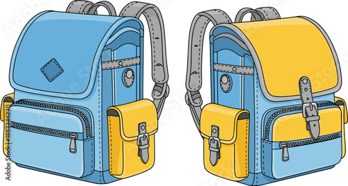 School backpack illustration, colorful student bag design, blue and yellow rucksack, education concept, modern vector artwork, isolated on white
