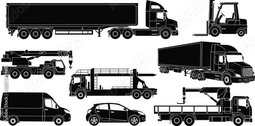 Silhouettes of transport vehicles, semi-truck, forklift, crane truck, flatbed, van, compact car, industrial logistics, construction equipment, black icons