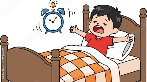 Sleepy boy waking up in bed with ringing alarm clock, morning routine cartoon illustration, childhood sleep concept, flat vector style