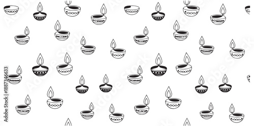 Diwali festival oil lamp seamless pattern with traditional diya linear silhouettes background