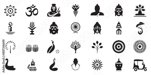 Indian culture and religion icons set featuring Hindu deities symbols and traditional elements