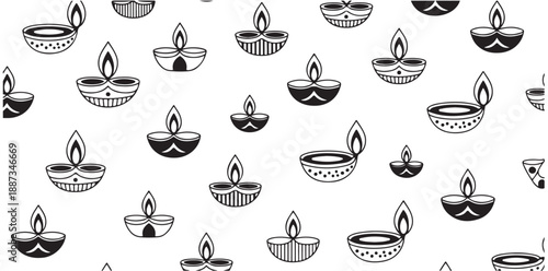Seamless pattern with various decorative oil lamps for diwali festival on white background
