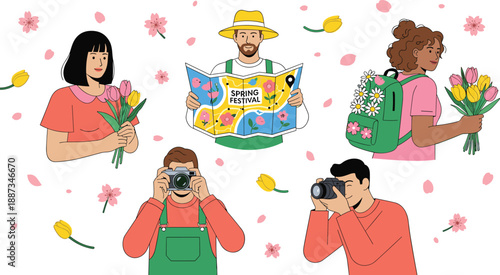Spring festival illustration, people enjoying flowers photography travel, cheerful seasonal celebration, colorful floral elements, outdoor lifestyle concept, flat vector design