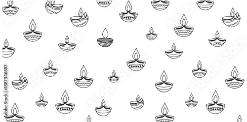 Oil lamps seamless background for deepavali festival with linear diya silhouettes for decor