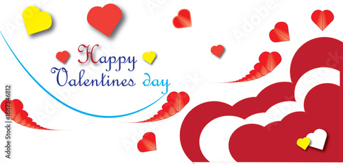 A romantic 3D illustration of red heart shapes and pink rose petals creates a vibrant celebration pattern for a Valentine's Day holiday card symbol of passion and love