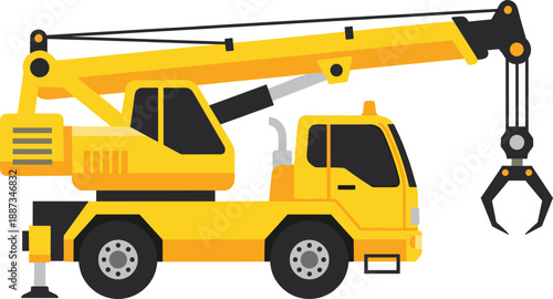 Stylized mobile crane truck illustration, yellow construction vehicle, articulated boom arm, grapple claw, heavy machinery, industrial equipment, site work