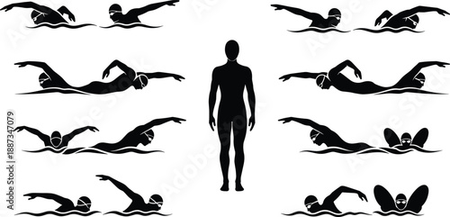 Swimming athlete silhouette set, freestyle stroke positions collection, professional swimmer motion sequence, sport training illustration, isolated black figures